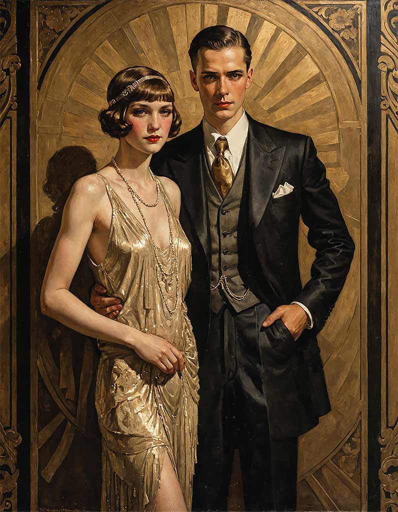Junges Paar im edlen Gewand der 1920er - sie im goldenen Abendkleid und eir im dunklen Anzug mit goldener Krawatte, stehen vor einer Art-Nouveau-Wand und freuen sich auf leckere Destillate.