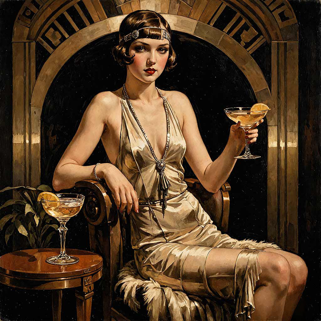 Eine junge Frau in einem glamourösen goldenen Abendkleid und Kopfschmuck der 1920er-Jahre sitzt auf einem Art Deco-Möbel. Zwei Destillate sind zudem zu sehen, eines in Ihrer Hand eines auf einem Beistelltisch.