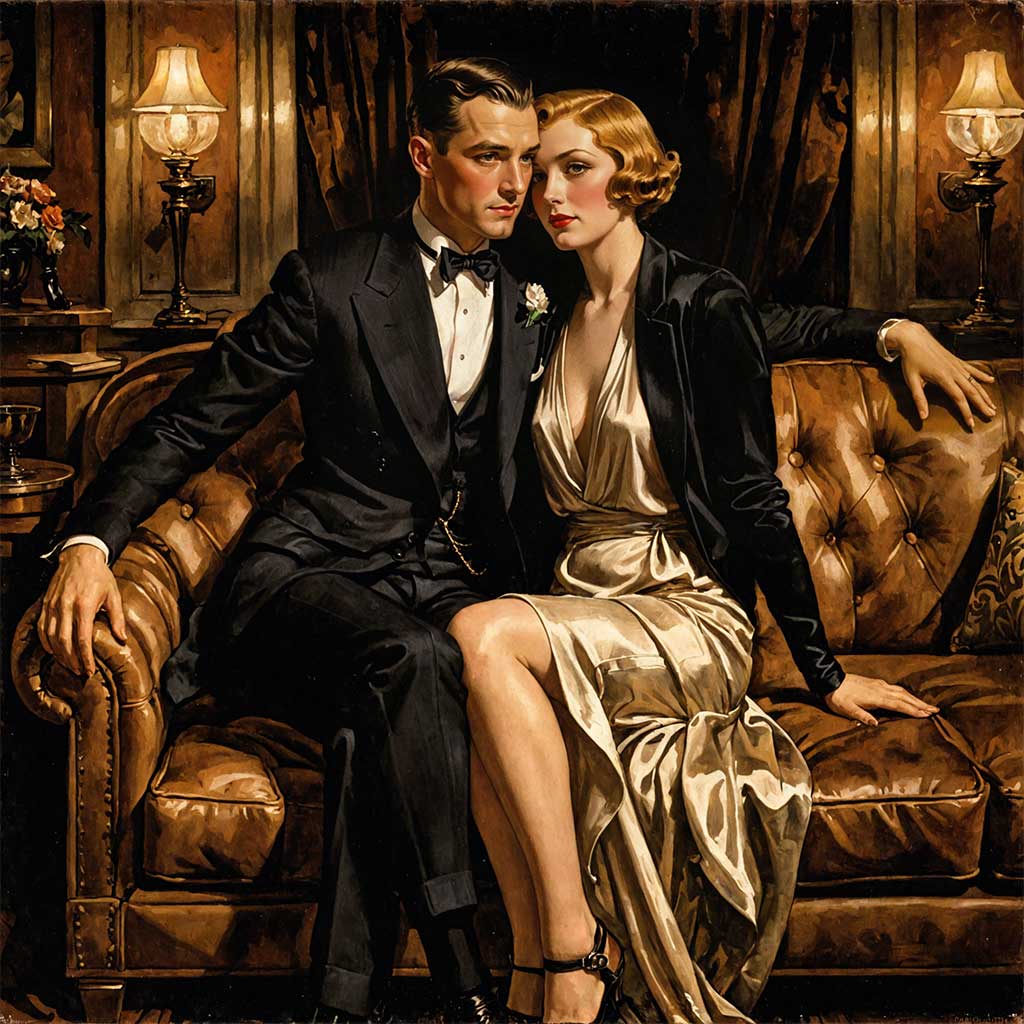 Paar sitzt auf Ledercouch in einem edlen Salon in den 1920er-Jahren, er im Smoking, sie im goldenen Abendgewand