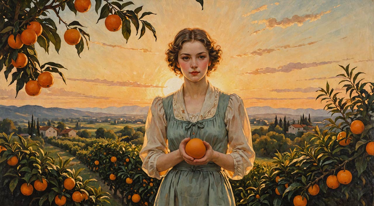 Junge Frau im traditionellen Trachtengewand steht vor einer Anbaufläche für Orangen und hält eine Orange vor sich in den Händen.