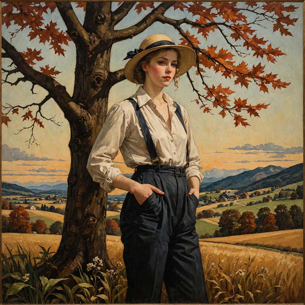 Junge Frau steht vor dem hübschen Panorama einer ländlichen Gegend vor einem Baum. Sie trägt die Kleidung einer Feldarbeiterin und hat einen Strohhut auf.
