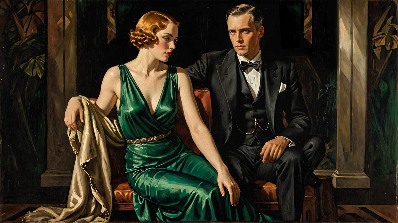 Hübsches Paar sitzt auf Polstermöbel in einem edlen Salon in den 1920er-Jahren, er im Smoking, sie im grünen Abendkleid