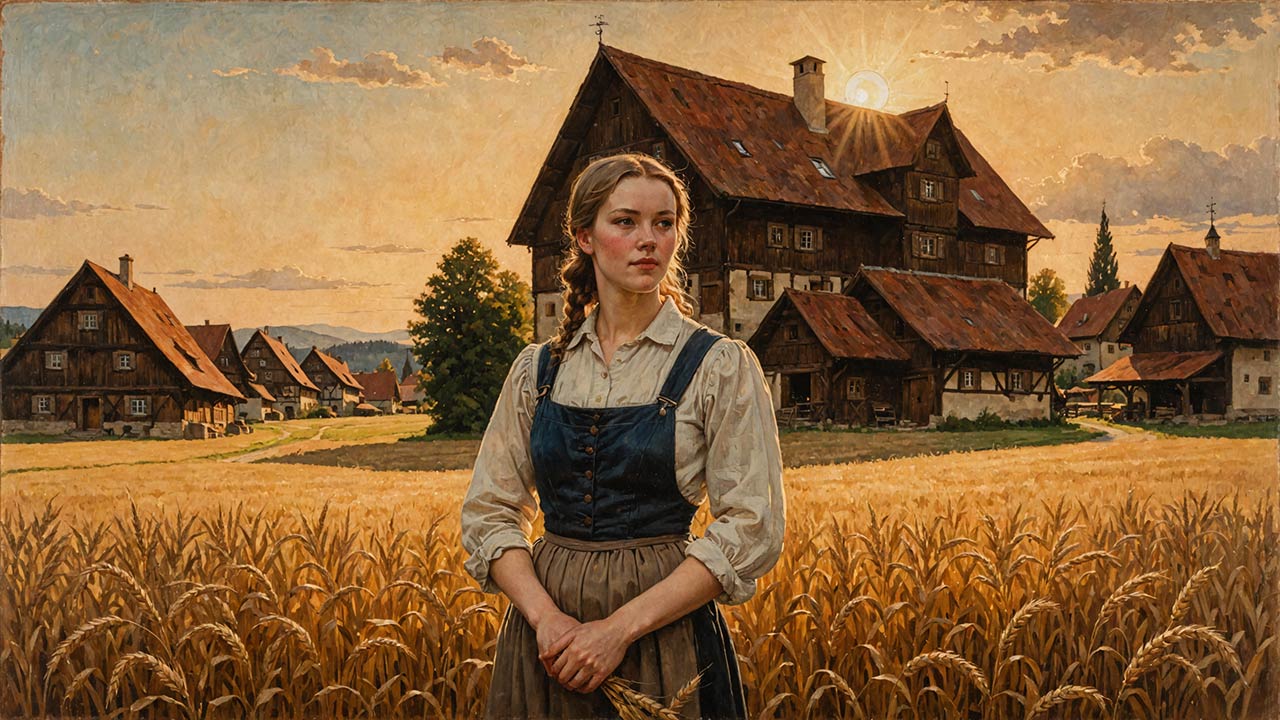 Junge Frau steht an einem Sommertag in einem Weizenfeld vor der Kulisse eines pittoresken Fachwerkhofes. Sie trägt die traditionelle Kleidung einer Bäuerin.